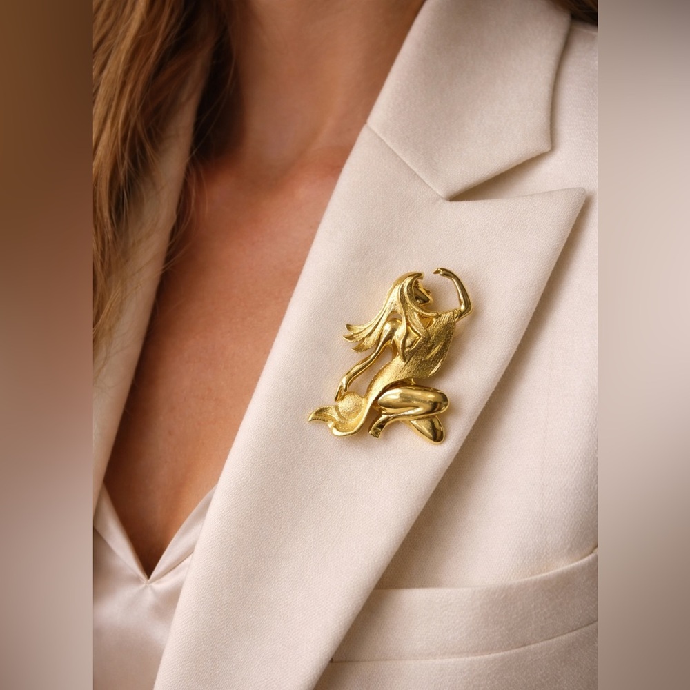 Vintage Virgo Gold Tone Brooch | Zodiac Maiden Pin | Goddess Mermaid Style